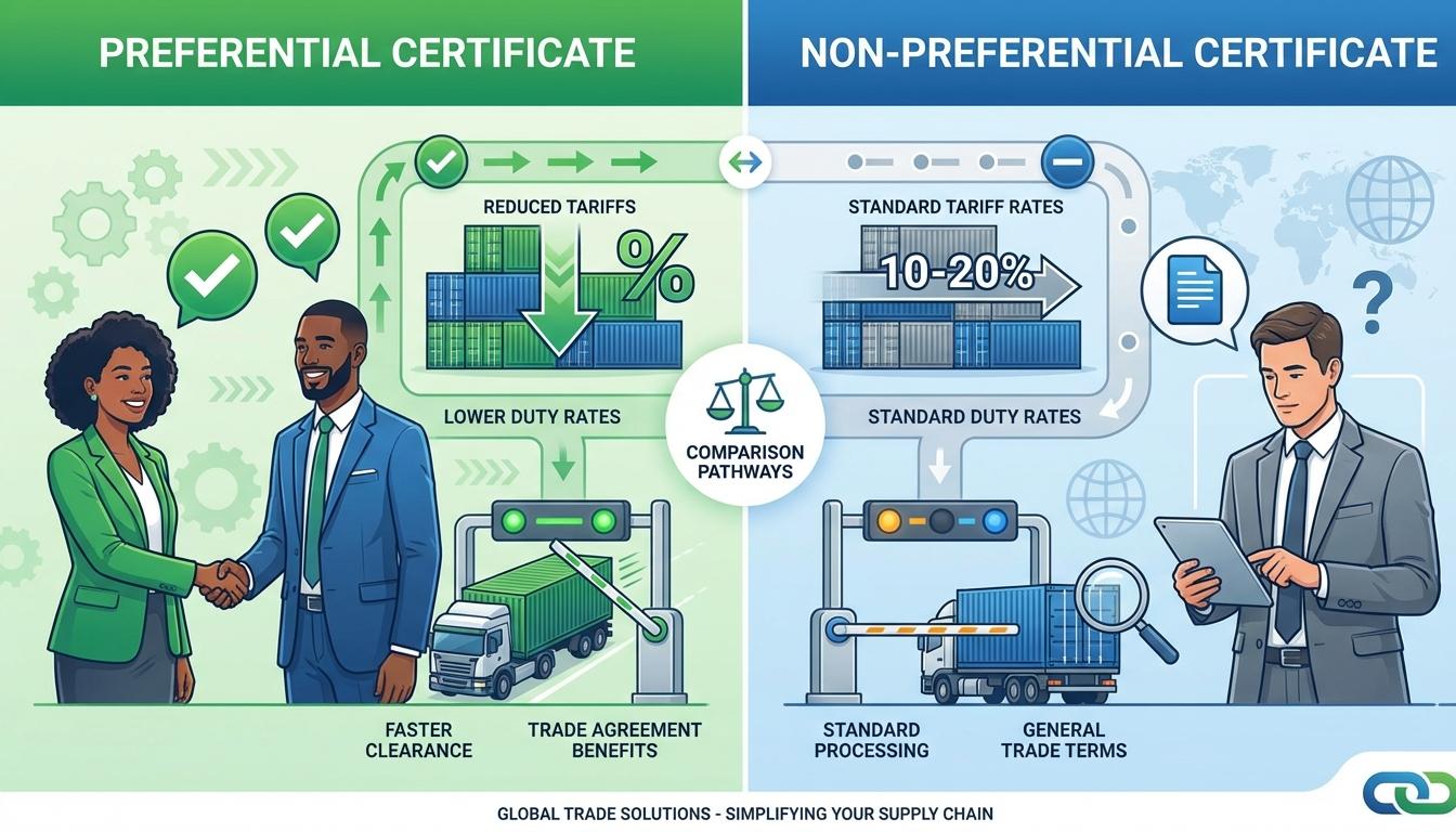 Comparison diagram showing preferential and non-preferential certificate of origin with tariff savings