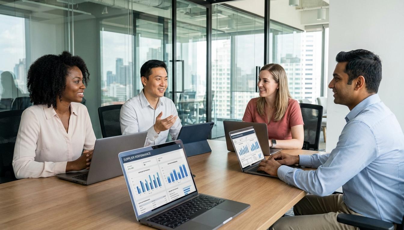 Procurement team reviewing supplier performance scorecard data in business meeting