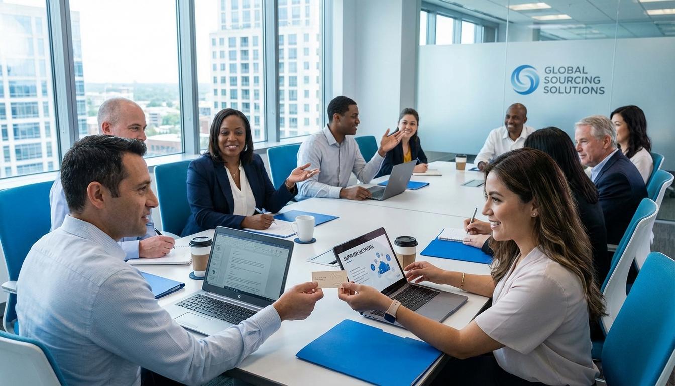 Professional procurement team discussing supplier referrals and industry network connections for vendor sourcing