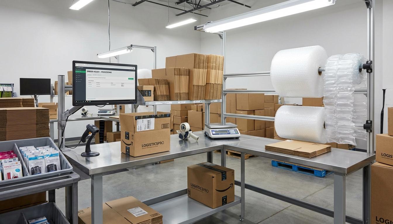 Professional packing station with multiple box sizes and void fill materials for order fulfillment