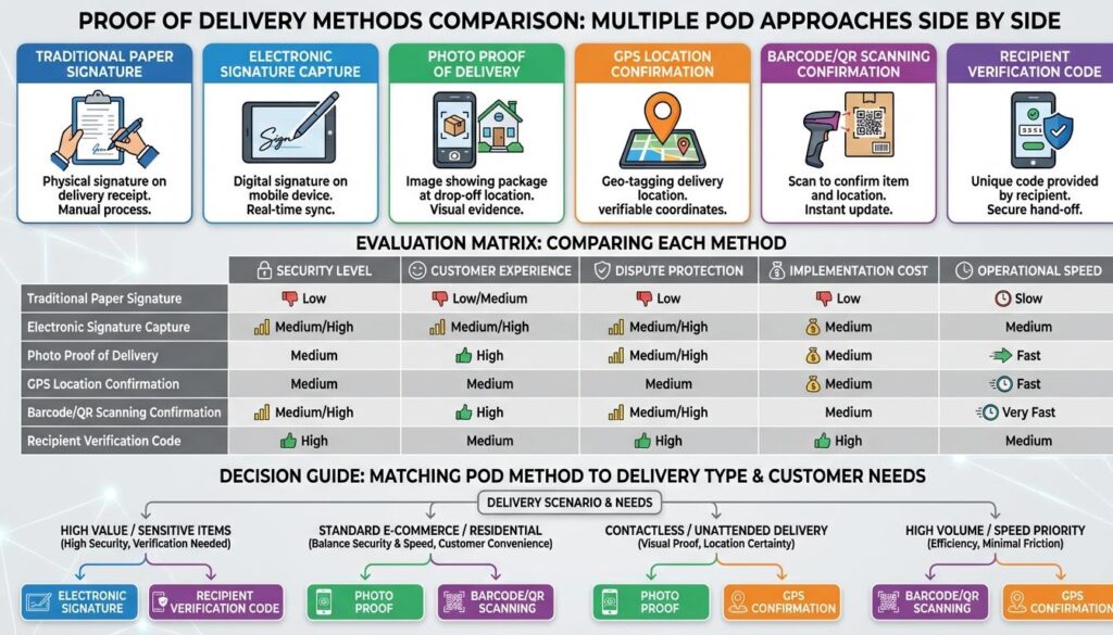 Proof of delivery methods comparison showing signature electronic capture photo proof GPS confirmation and barcode scanning with evaluation matrix for selection