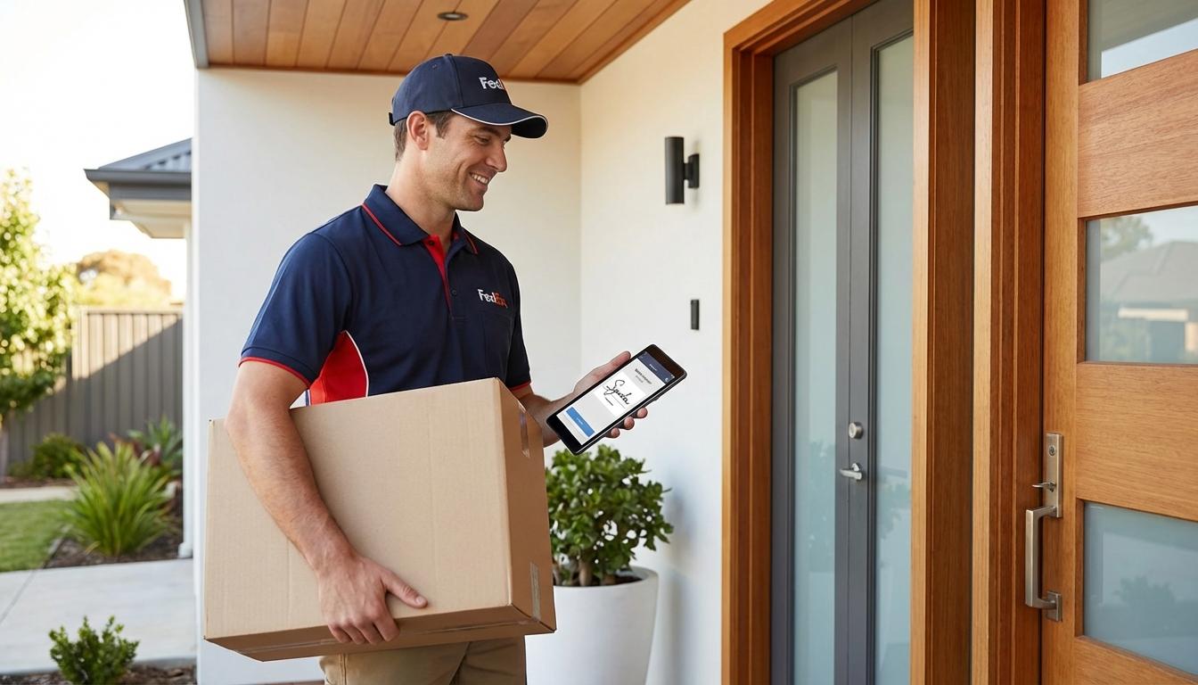 Delivery driver using tablet for electronic proof of delivery confirmation at customer doorstep
