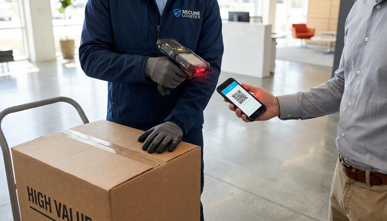 Delivery driver scanning QR code on customer smartphone for secure package verification
