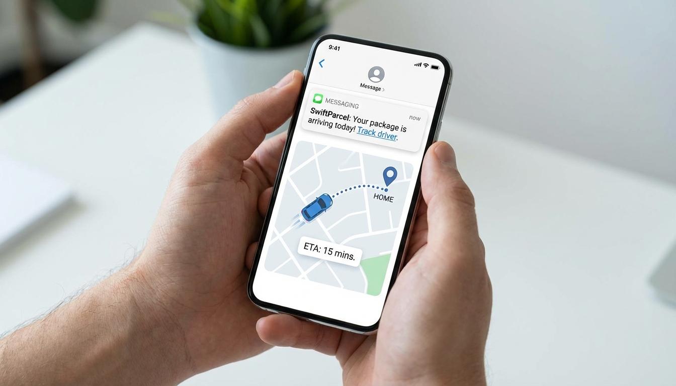 Customer receiving SMS delivery notification with real-time package tracking link