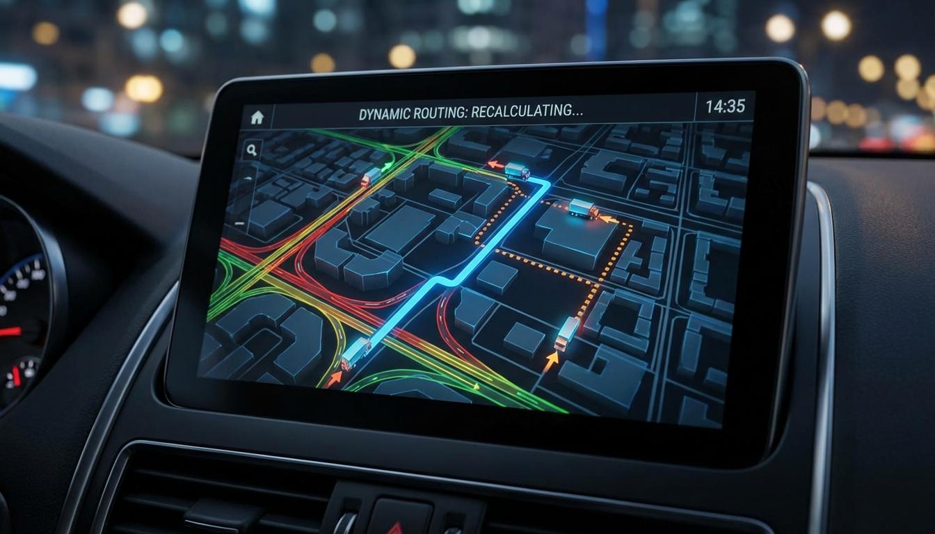 Dynamic routing system displaying real-time traffic data and live GPS tracking for delivery fleet management