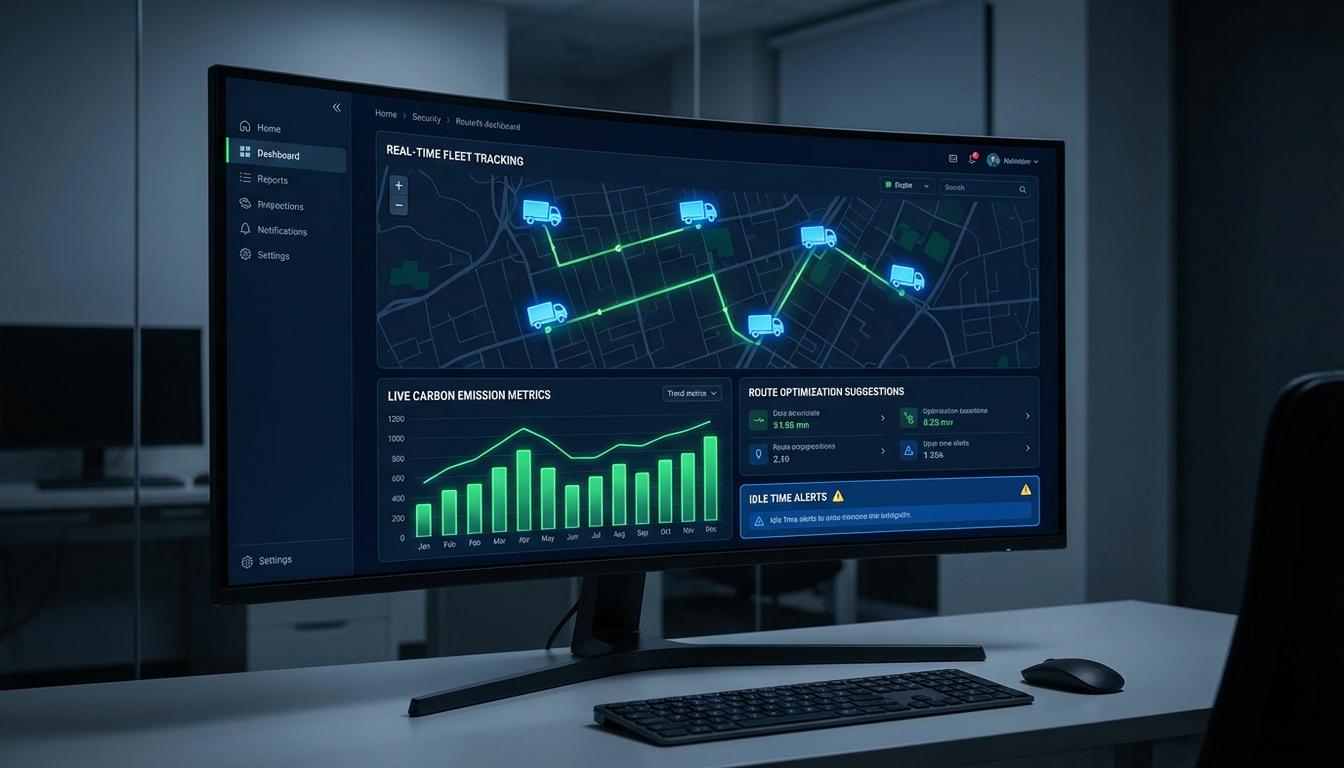 Real-time logistics emissions tracking dashboard with GPS fleet monitoring and carbon metrics display