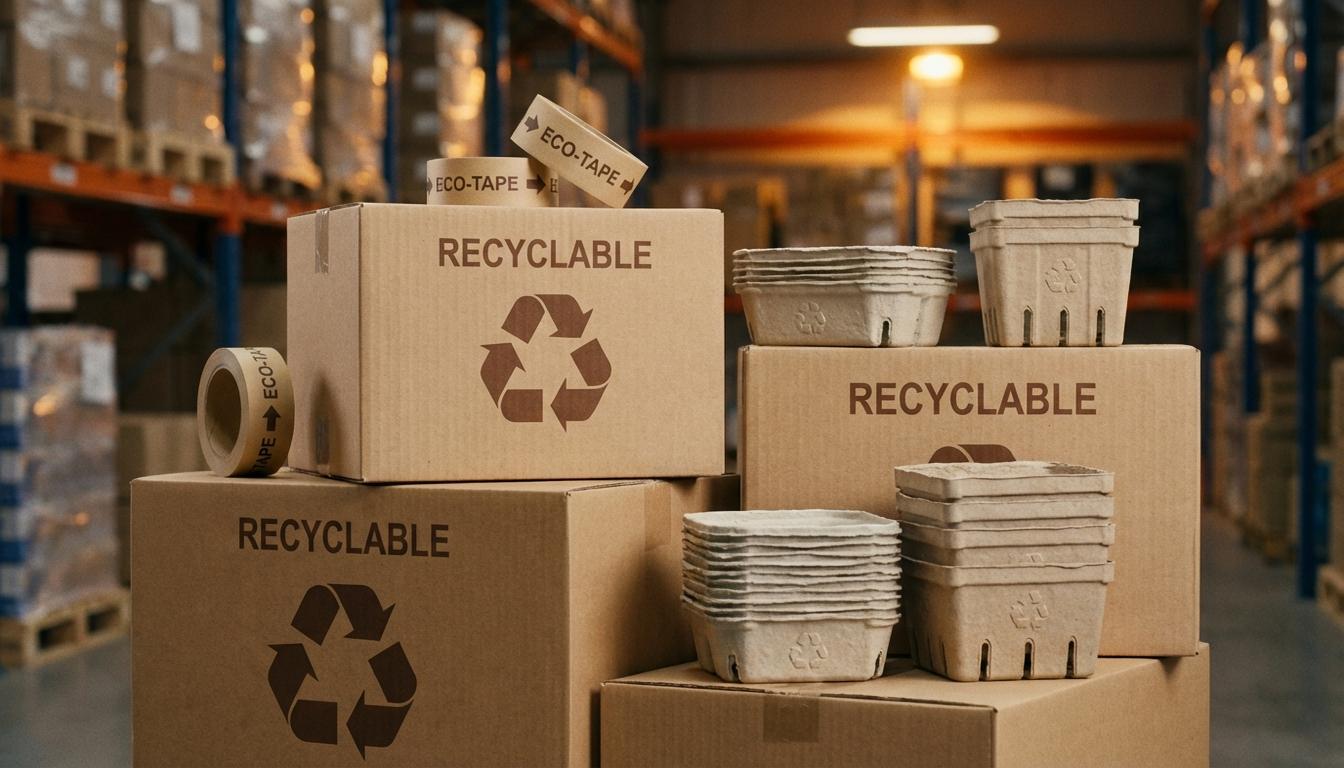 Recyclable packaging materials including PCR cardboard boxes and paper-based shipping supplies