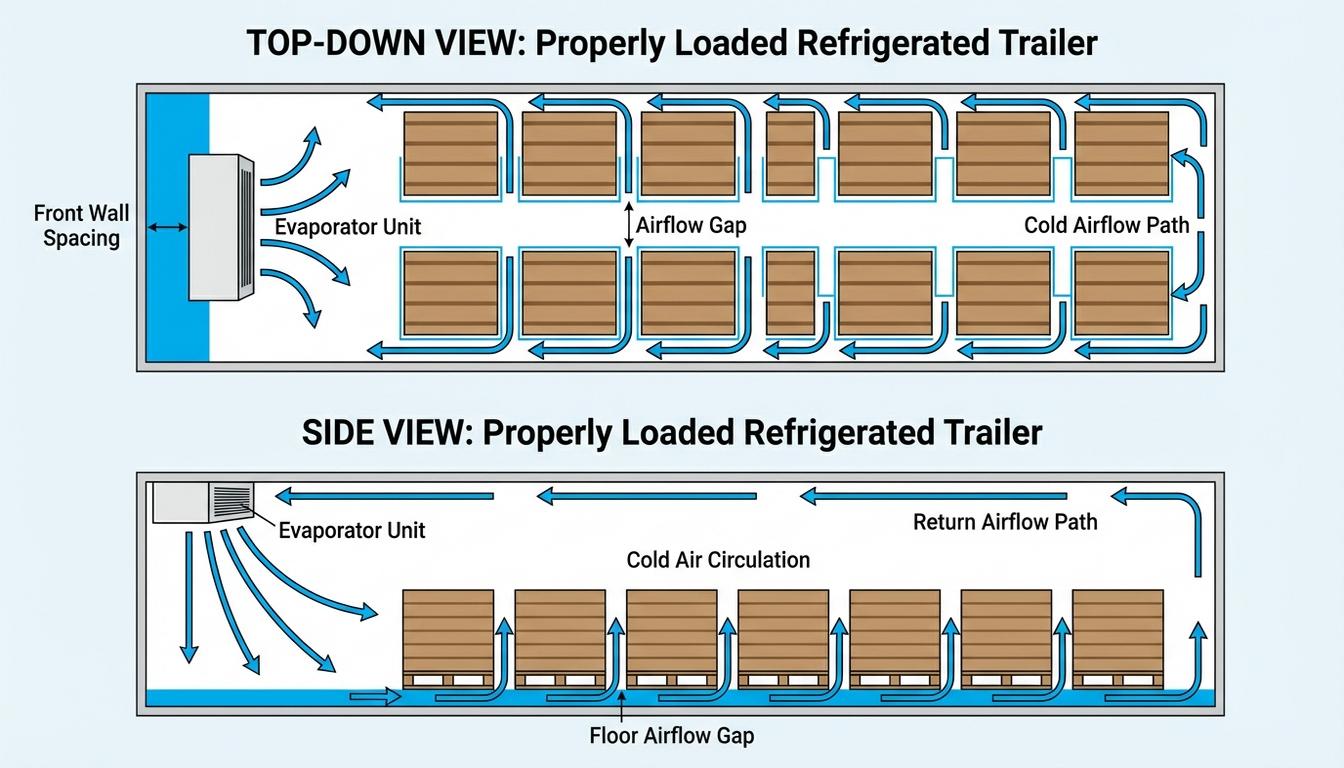 Proper refrigerated truck loading pattern showing correct airflow circulation around pallets Proper refrigerated truck loading pattern showing correct airflow circulation around pallets