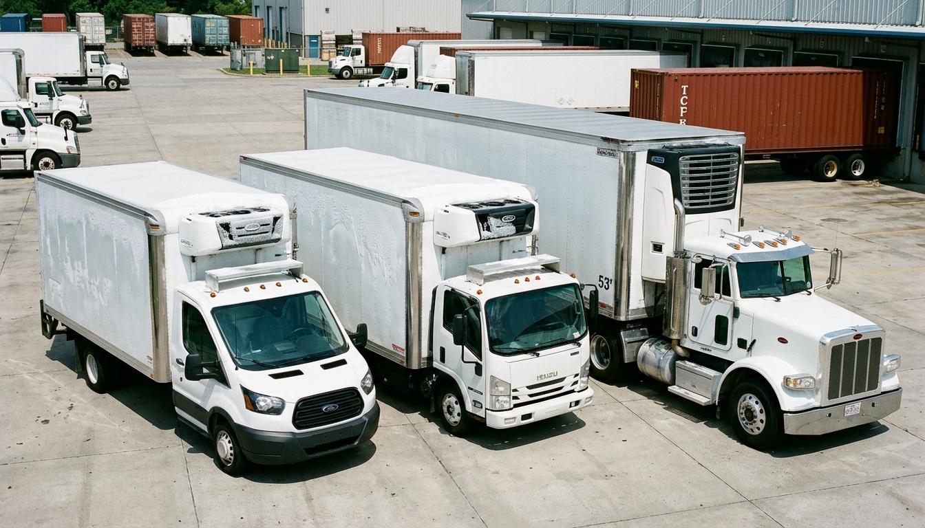 Three refrigerated truck types of varying sizes parked in logistics yard showing reefer units and cold transport options