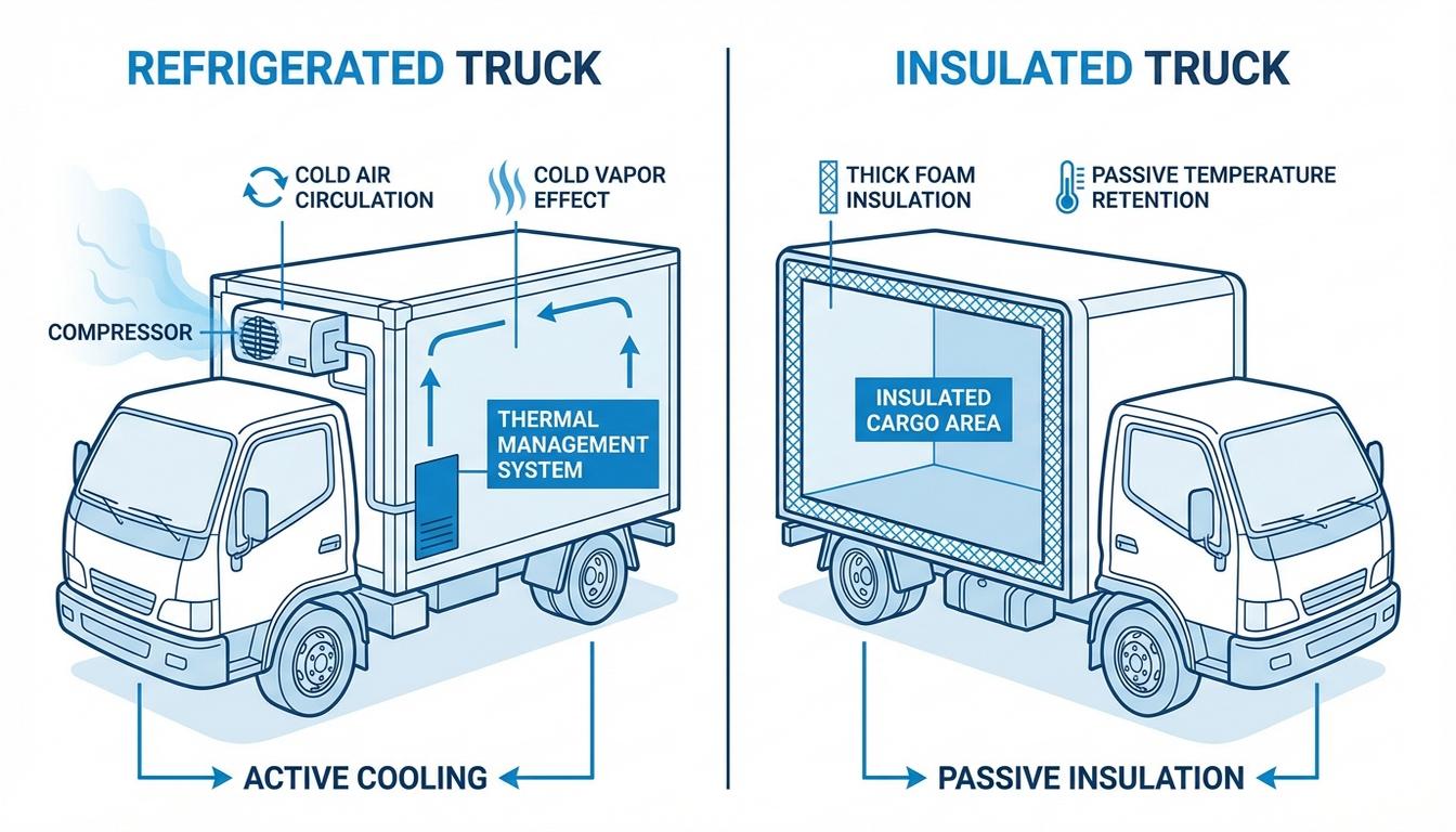 Side-by-side comparison of refrigerated truck with cooling unit versus insulated truck without Side-by-side comparison of refrigerated truck with cooling unit versus insulated truck without