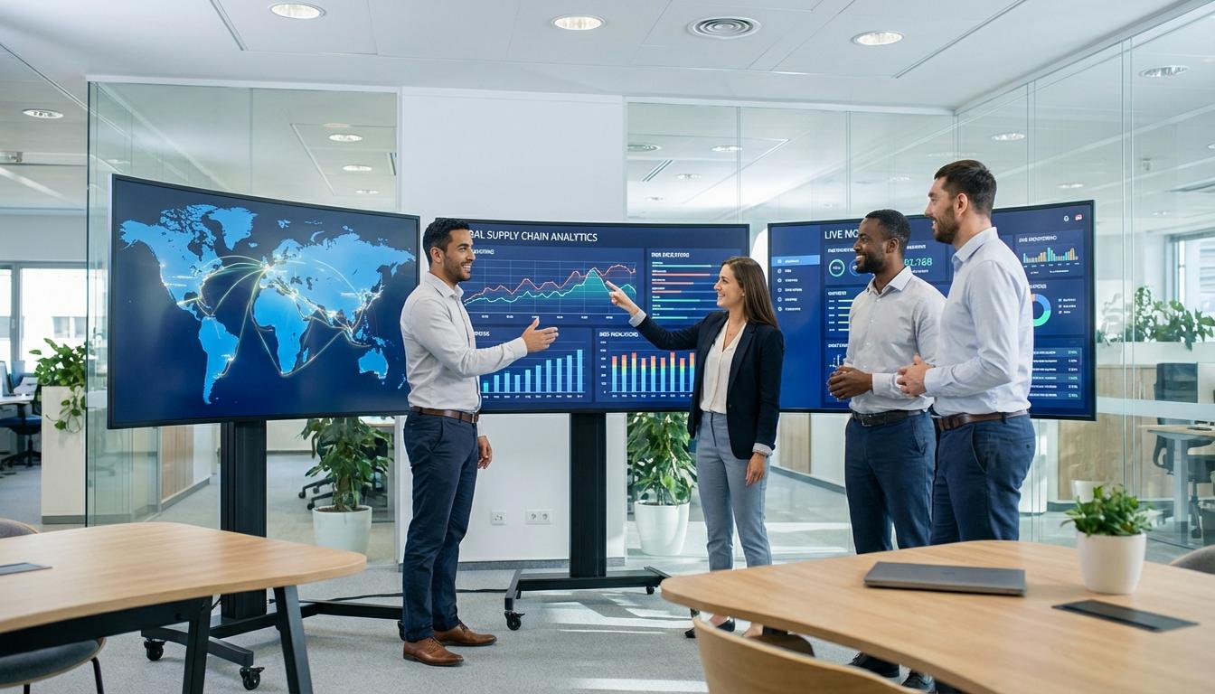 Diverse business team collaborating on supply chain resilience strategy with digital dashboards