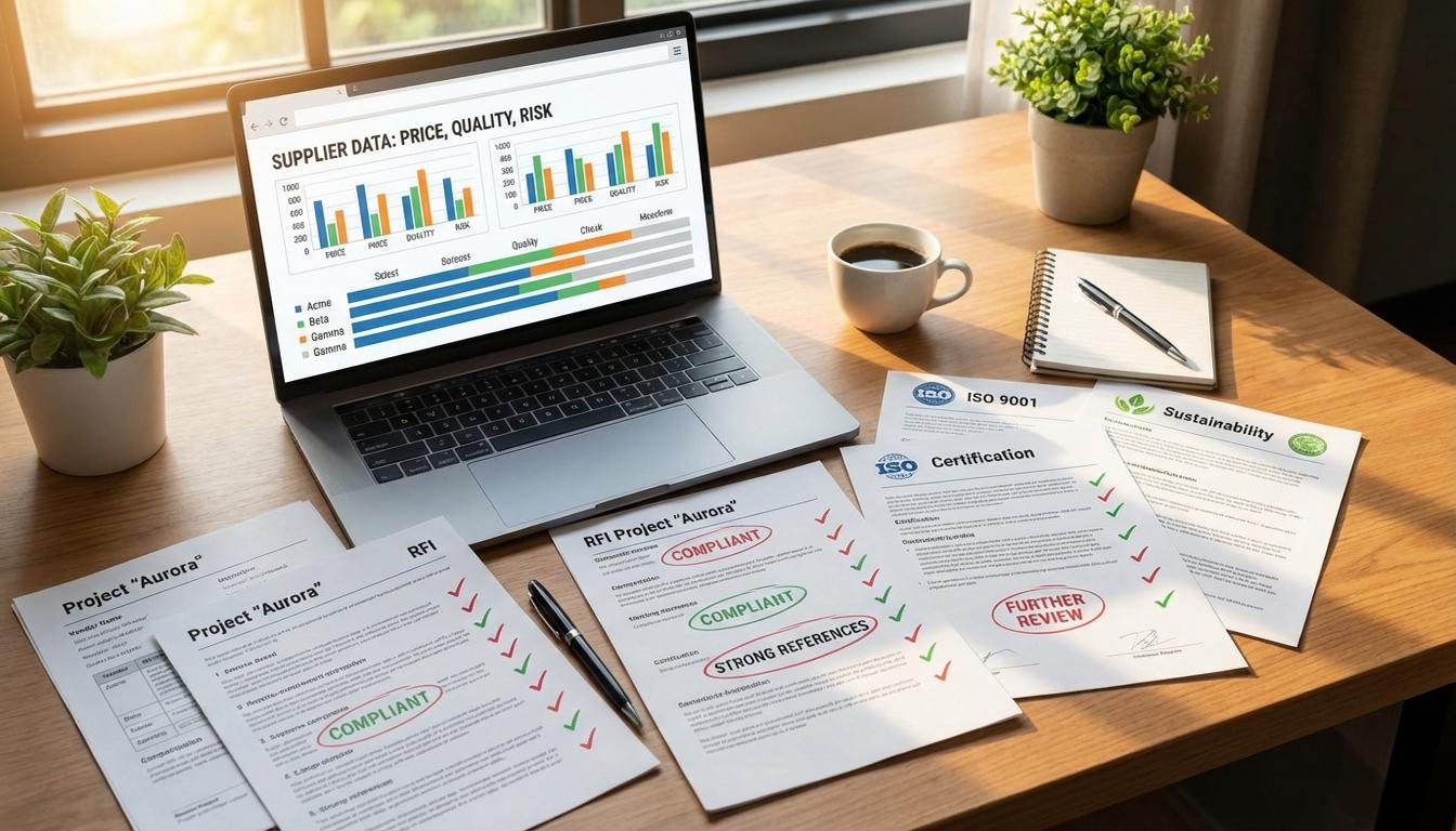 RFI document review and supplier screening process with procurement team evaluating vendor capabilities