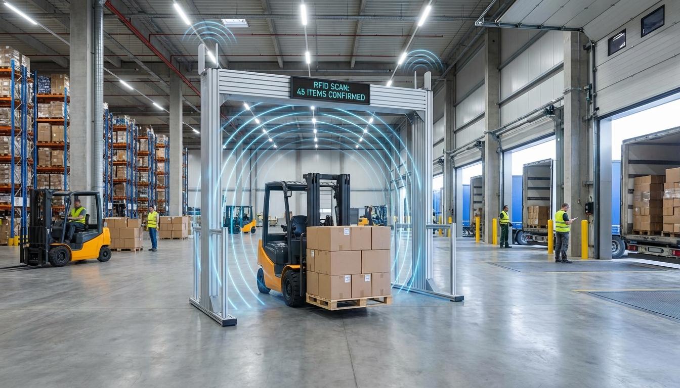 RFID portal scanning multiple pallets simultaneously in distribution center for fast inventory tracking