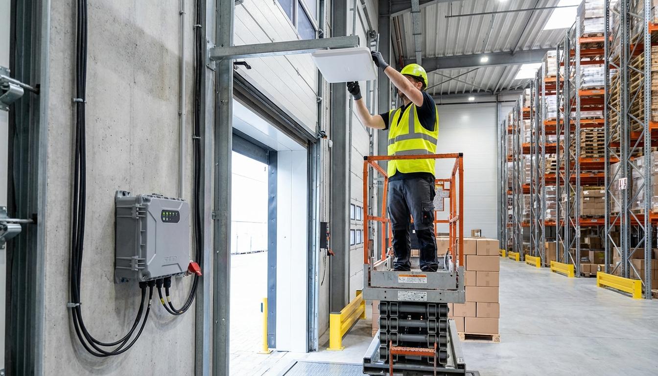 Warehouse technician installing RFID antenna and reader system on dock door for inventory automation