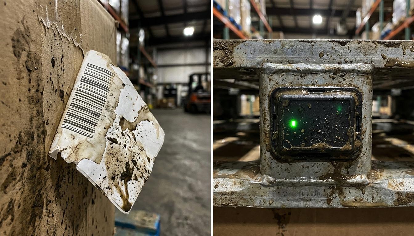 Durable RFID tags surviving dirt water and harsh warehouse conditions versus damaged barcode labels