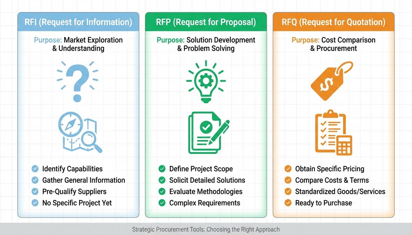 RFI RFP RFQ comparison chart showing when to use each request type in supplier sourcing process
