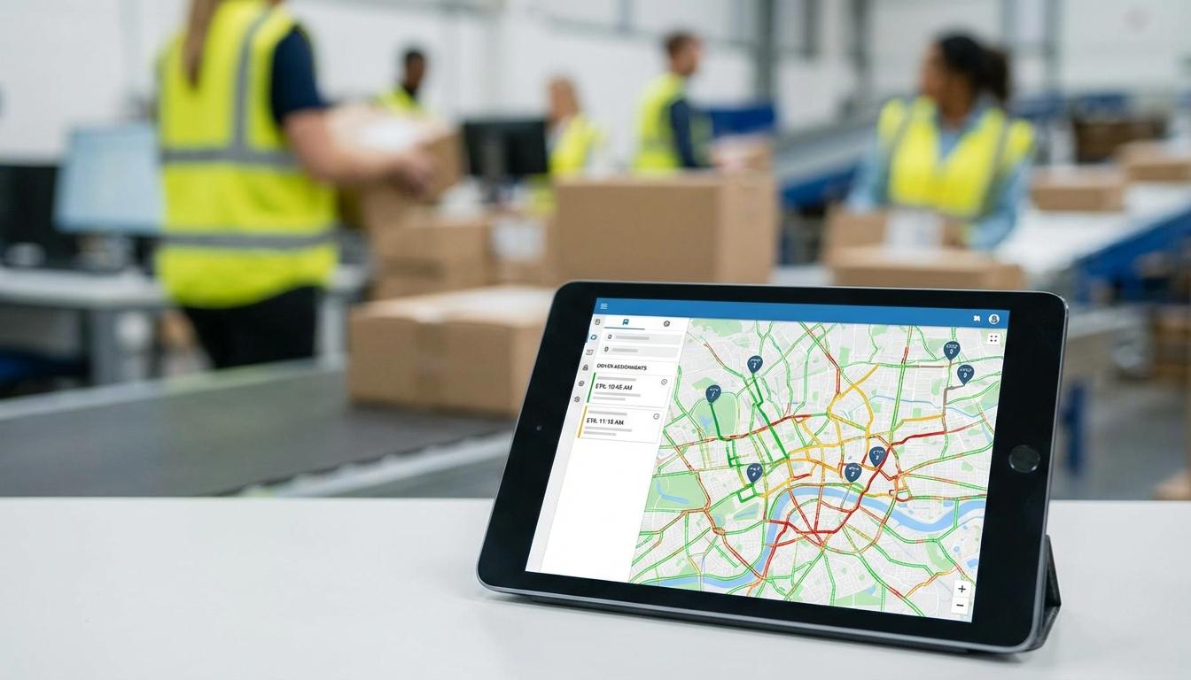 Route optimization software interface showing delivery routes and real-time tracking technology
