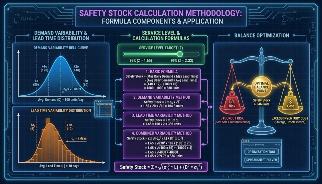 Safety stock calculation methodology displaying demand variability lead time factors service level selection and formula components for optimal stock level determination