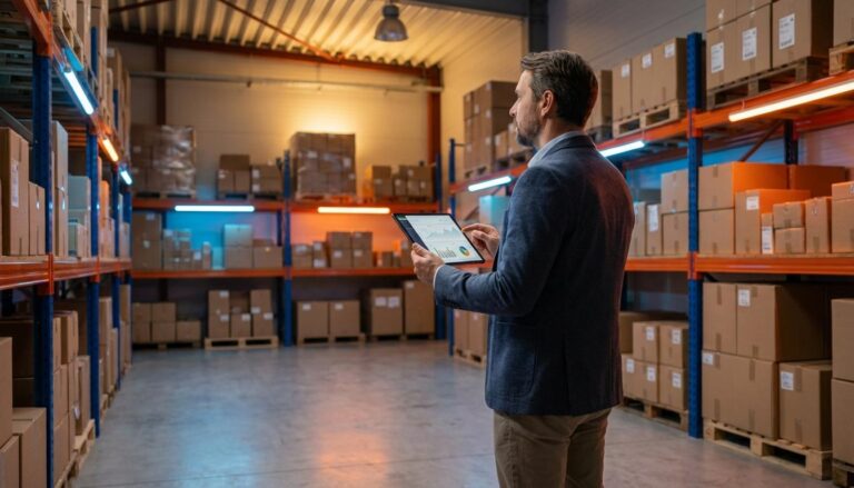 Warehouse manager analyzing safety stock levels on tablet with inventory shelves in background