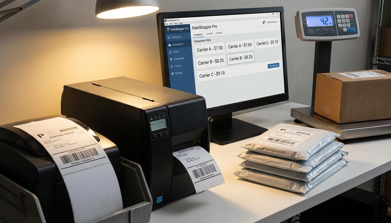 Automated shipping label printer and rate shopping software for warehouse order fulfillment