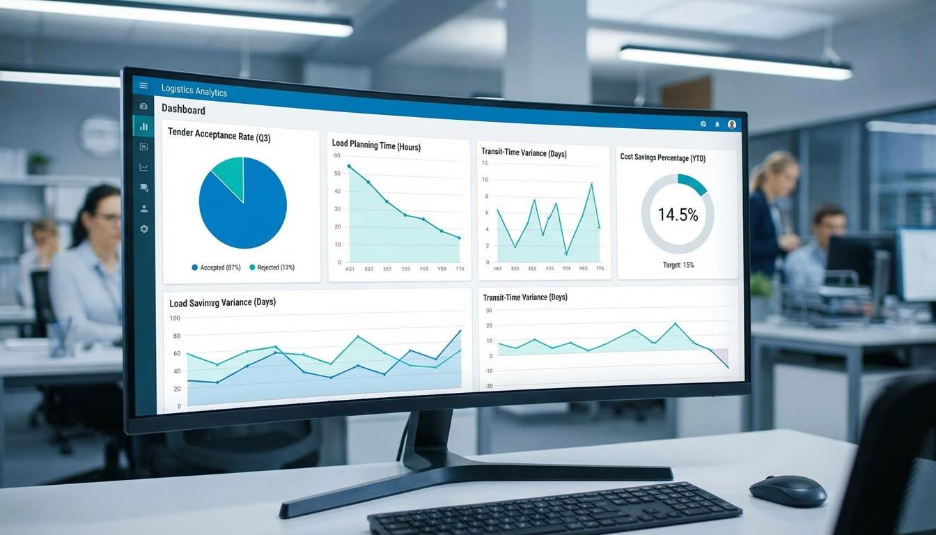 Logistics KPI dashboard displaying tender acceptance rate and transit time metrics for TMS
