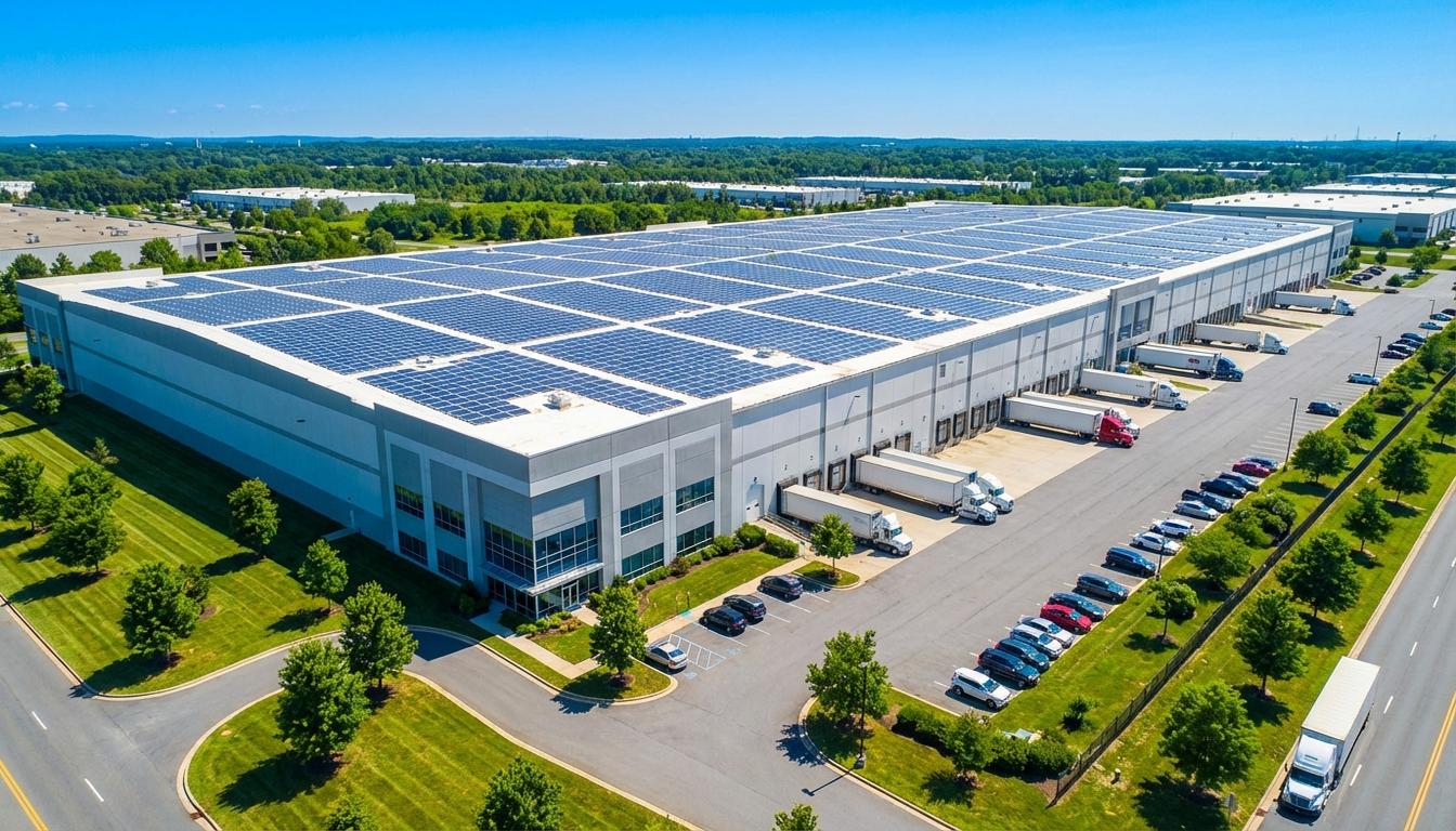 Aerial view of large warehouse roof covered with solar panels for net-zero energy