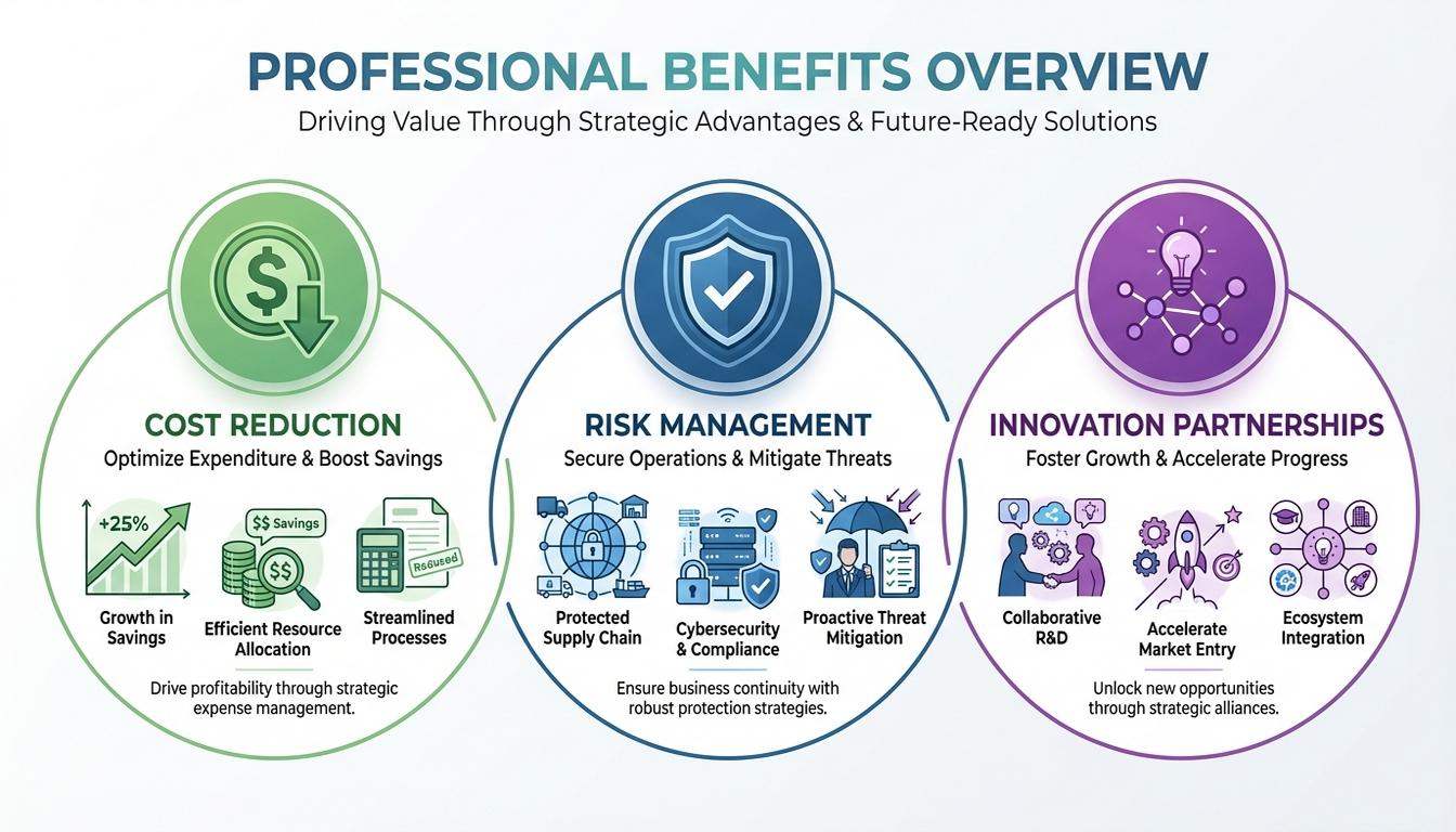 Strategic sourcing benefits infographic showing cost reduction risk management and supplier innovation advantages