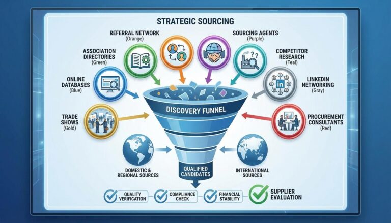 Supplier discovery methods showing eight proven sourcing channels including trade shows online databases industry associations referrals sourcing agents and professional networking with qualification funnel
