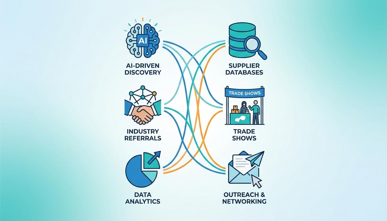 Supplier discovery methods overview showing AI tools referrals trade shows and spend analytics icons