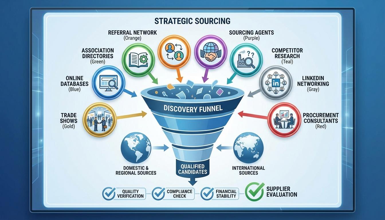 Supplier discovery methods showing eight proven sourcing channels including trade shows online databases industry associations referrals sourcing agents and professional networking with qualification funnel