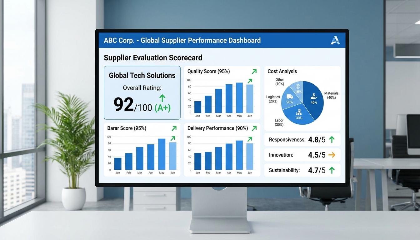 Supplier evaluation scorecard dashboard displaying KPI metrics and vendor performance ratings