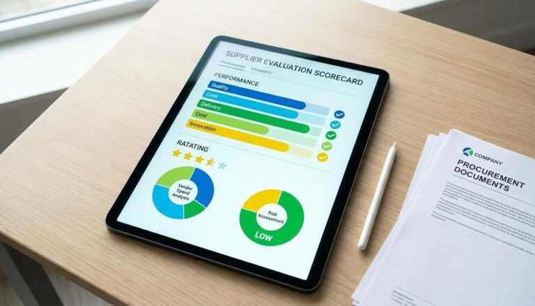 Digital supplier evaluation scorecard on tablet showing vendor performance ratings, charts, and assessment metrics