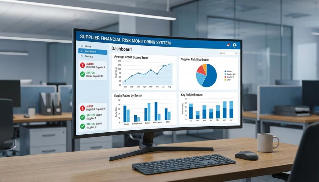 Supplier financial risk monitoring dashboard displaying credit scores and financial health metrics