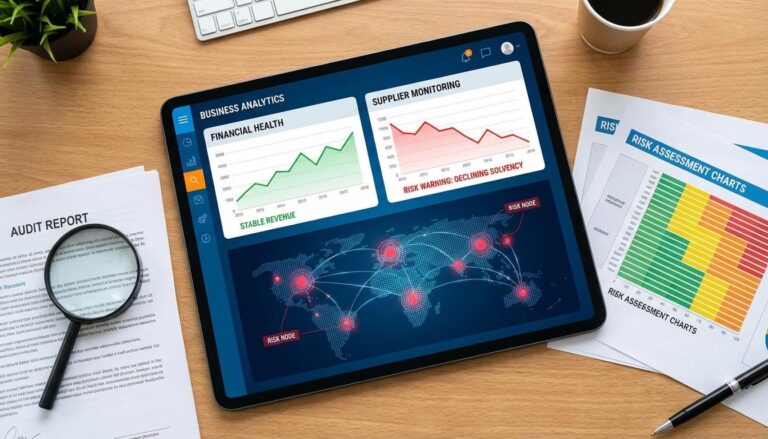 Business dashboard displaying supplier financial risk monitoring metrics with warning indicators and supply chain network