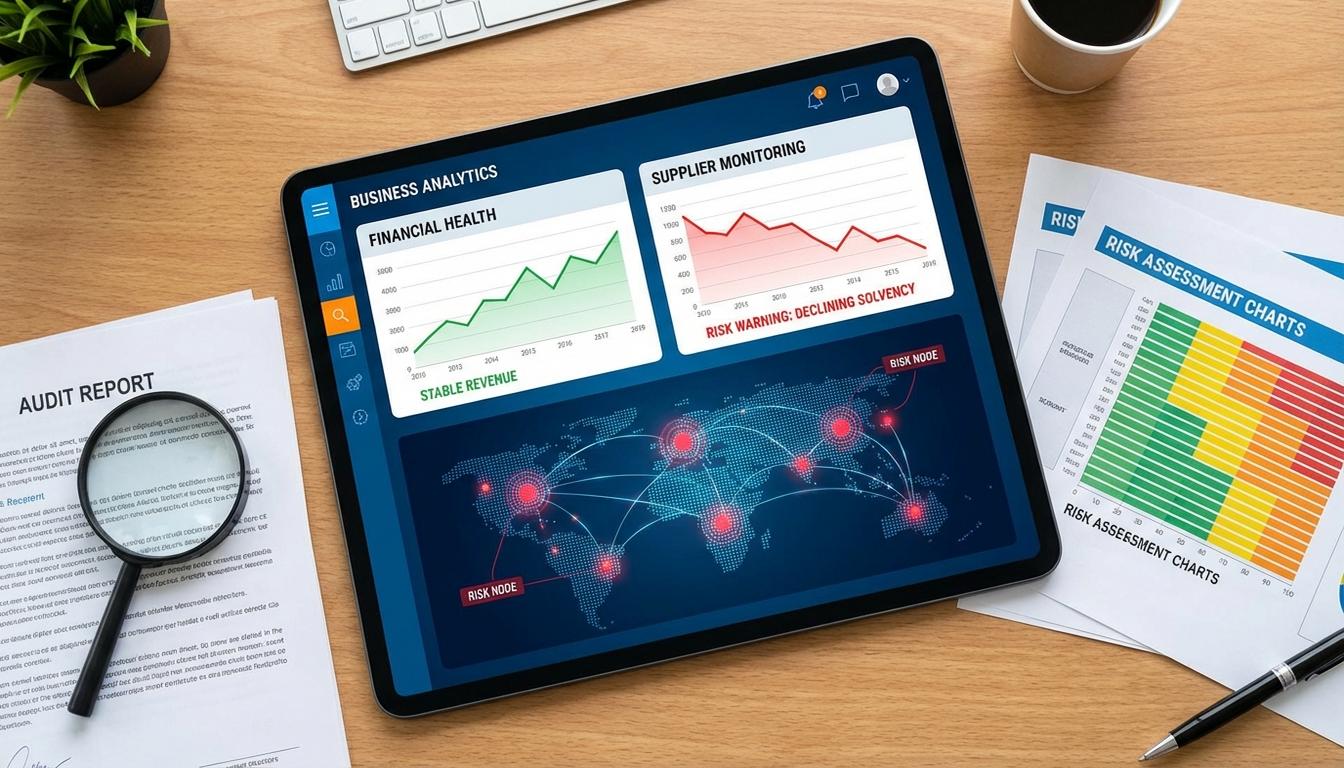 Business dashboard displaying supplier financial risk monitoring metrics with warning indicators and supply chain network