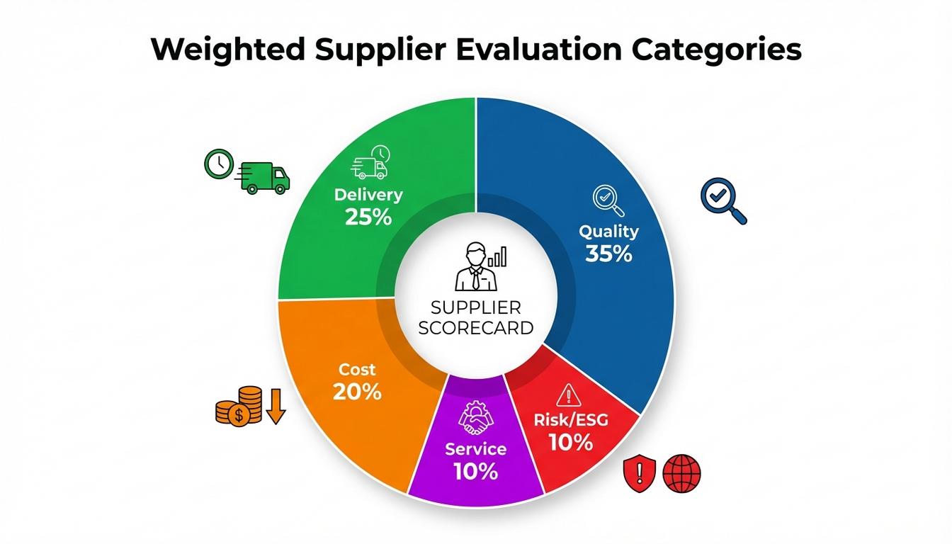 Supplier KPI weighting model diagram showing quality delivery cost service and risk percentages