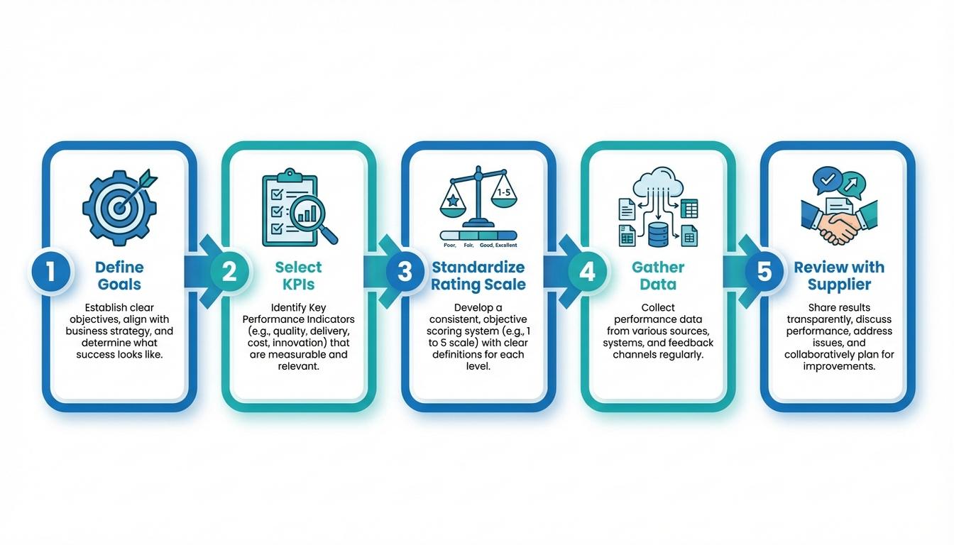 Five-step supplier scorecard implementation process flowchart from goals to supplier review