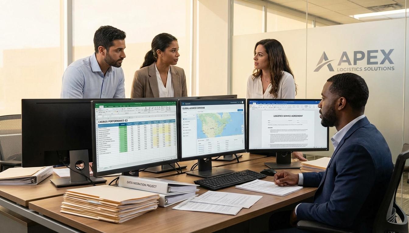 Supply chain team conducting data audit with carrier contracts and shipping records on screen
