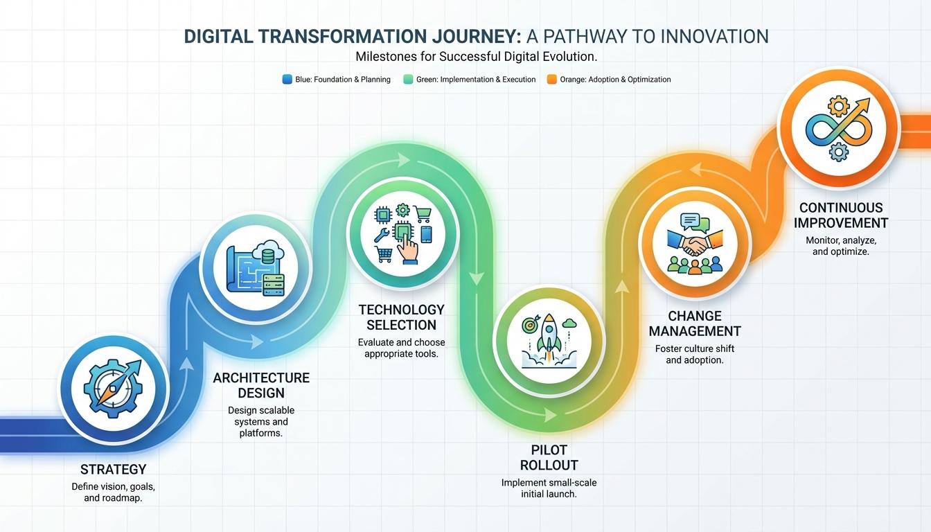 Digital transformation roadmap infographic showing six steps for supply chain technology implementation