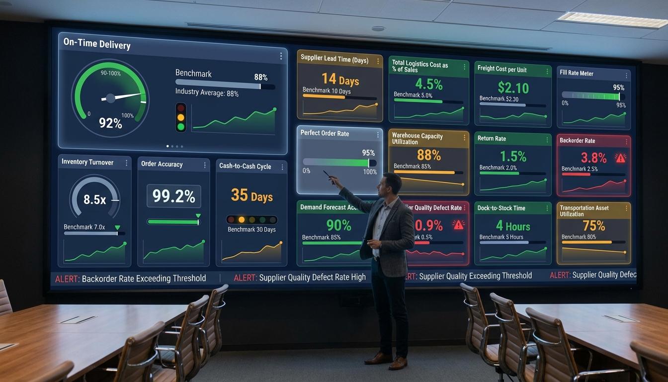 Supply chain KPIs dashboard displaying 15 essential performance metrics with gauges, benchmark comparisons, and trend indicators for management tracking