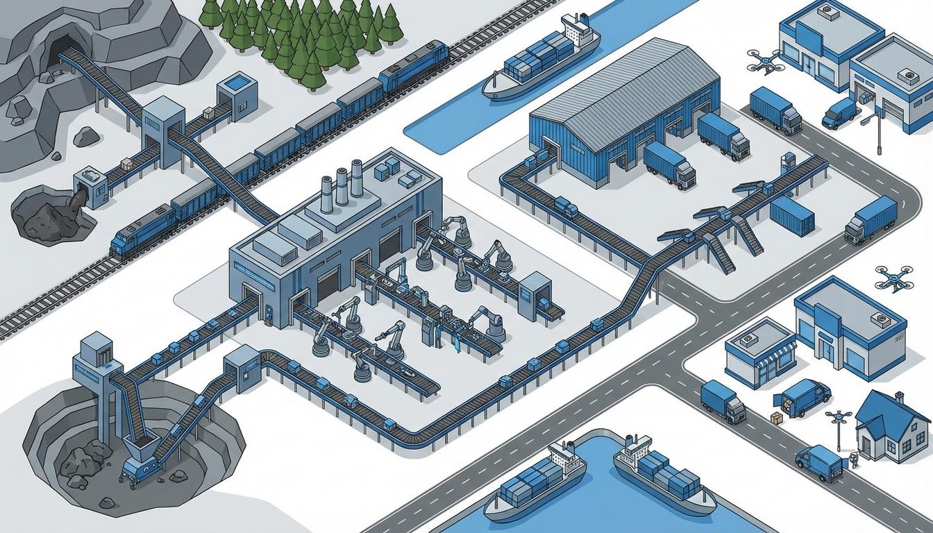Supply chain logistics network showing raw materials flowing through manufacturing to customer delivery