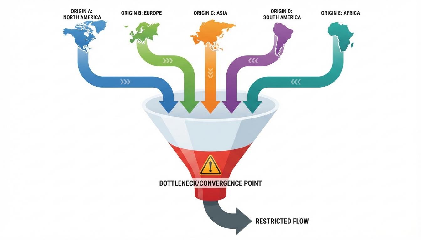 Pass-through frequency diagram showing multiple supply chain paths converging through single geographic point