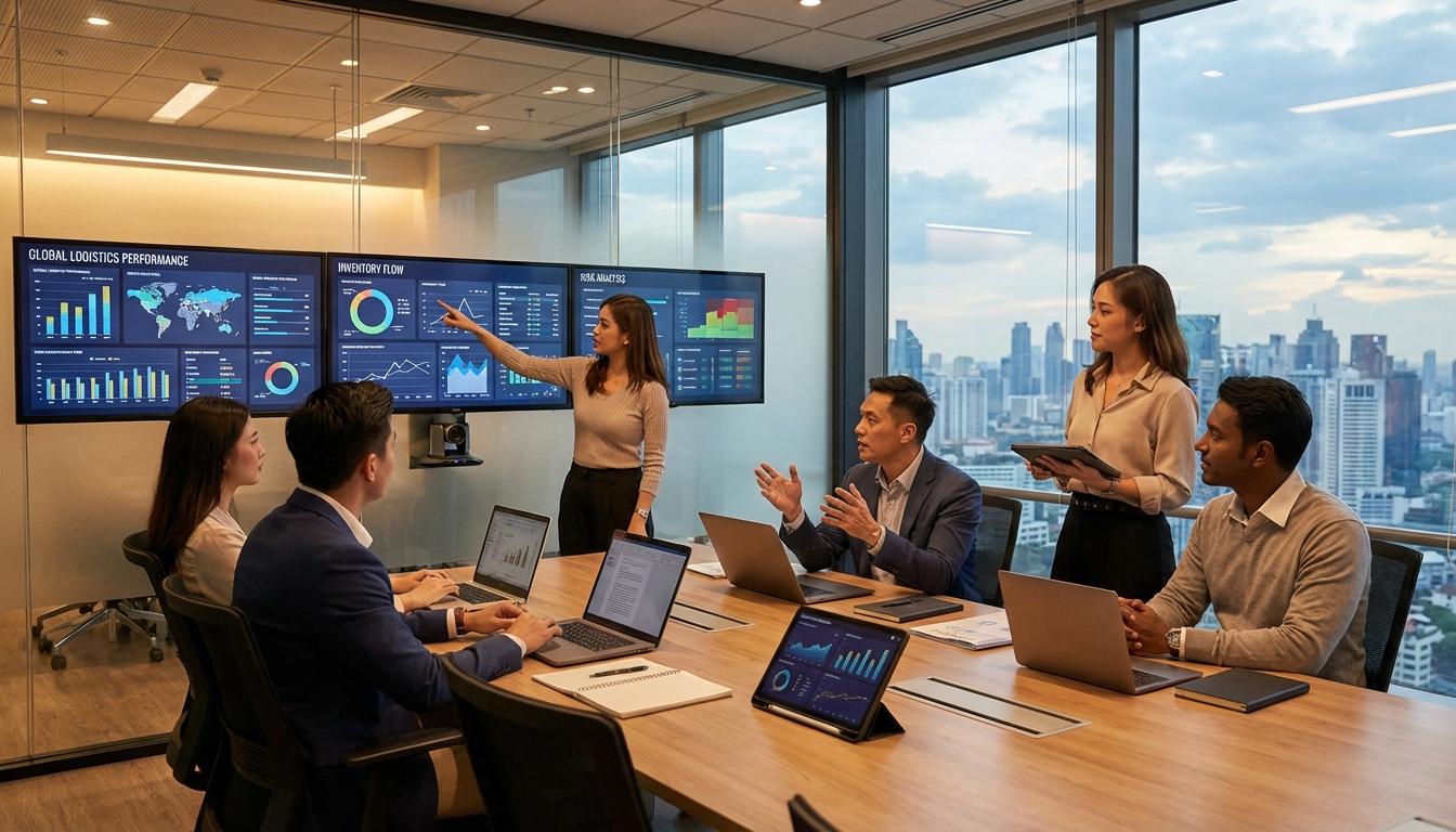 Supply chain management team analyzing KPI reports and performance data in strategic meeting