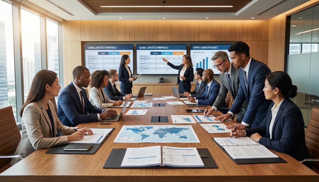 Business team comparing logistics provider proposals using standardized RFP evaluation criteria