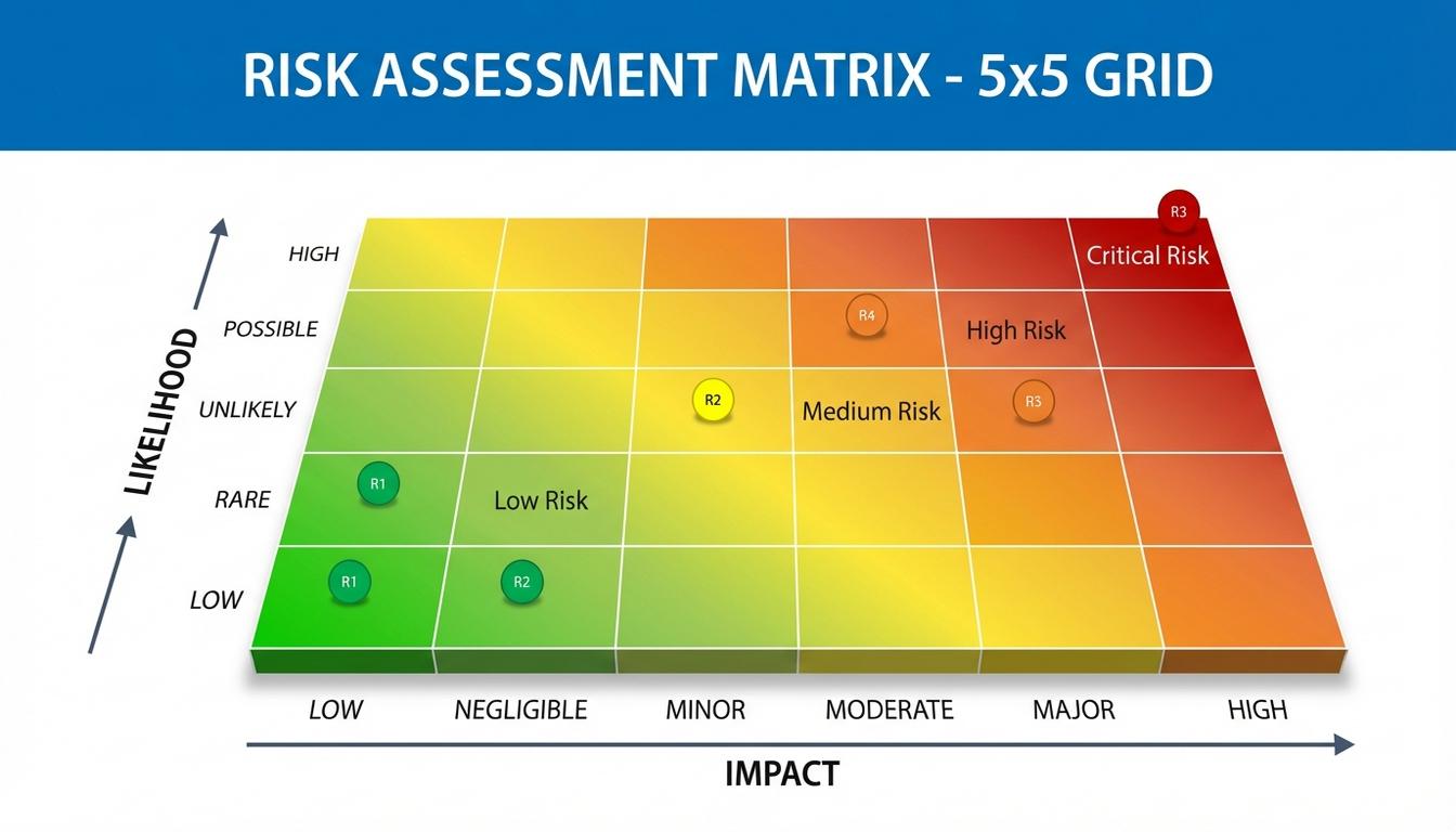 Supply chain risk assessment heat map showing likelihood versus impact prioritization matrix