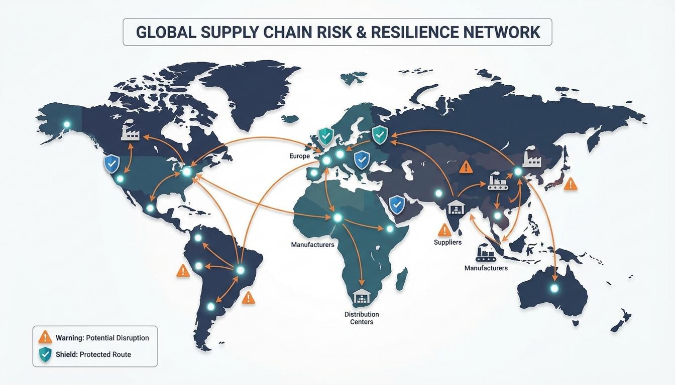 Supply chain risk management framework showing interconnected global logistics network with risk indicators