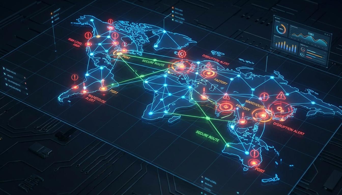3D digital supply chain network map with glowing risk hotspots and vulnerability indicators across global connections