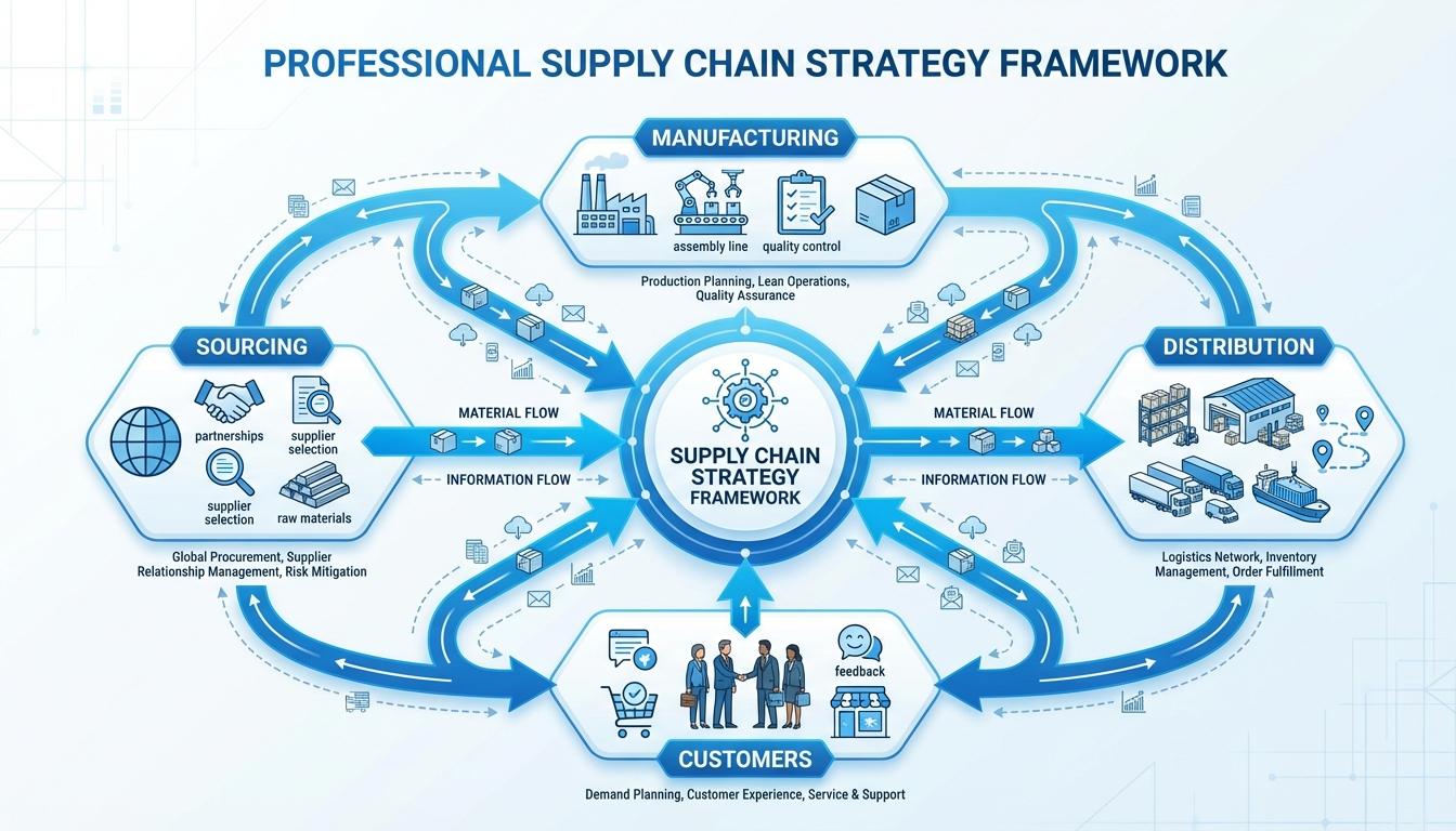 Supply chain strategy framework diagram showing interconnected business operations and logistics flow