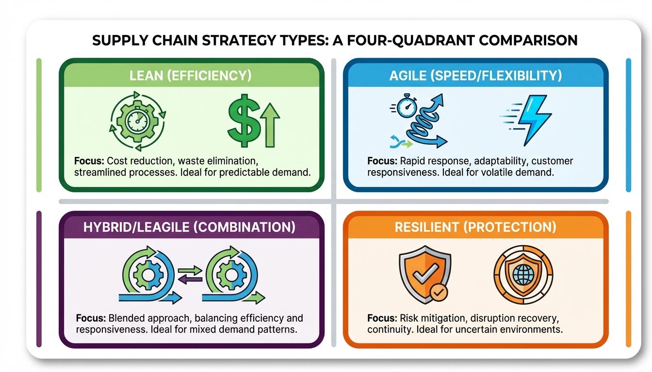 Comparison of lean agile hybrid and resilient supply chain strategy types for business optimization