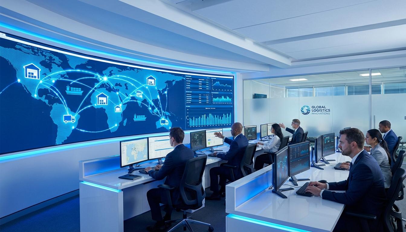 Modern supply chain technology implementation with digital networks connecting warehouses and logistics